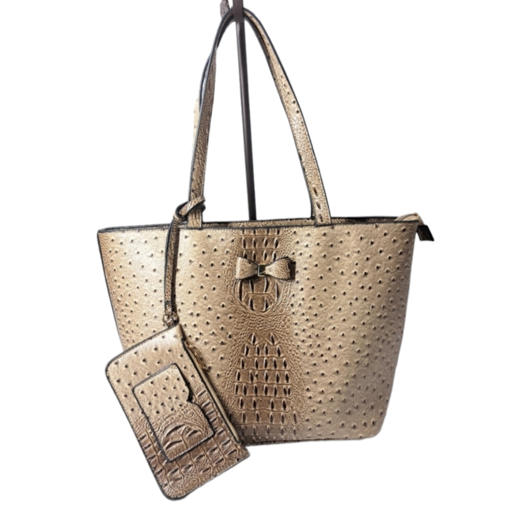 DELUXITY‎ Ostrich Faux Leather Taupe/Brown Women's 2piece set Handbag